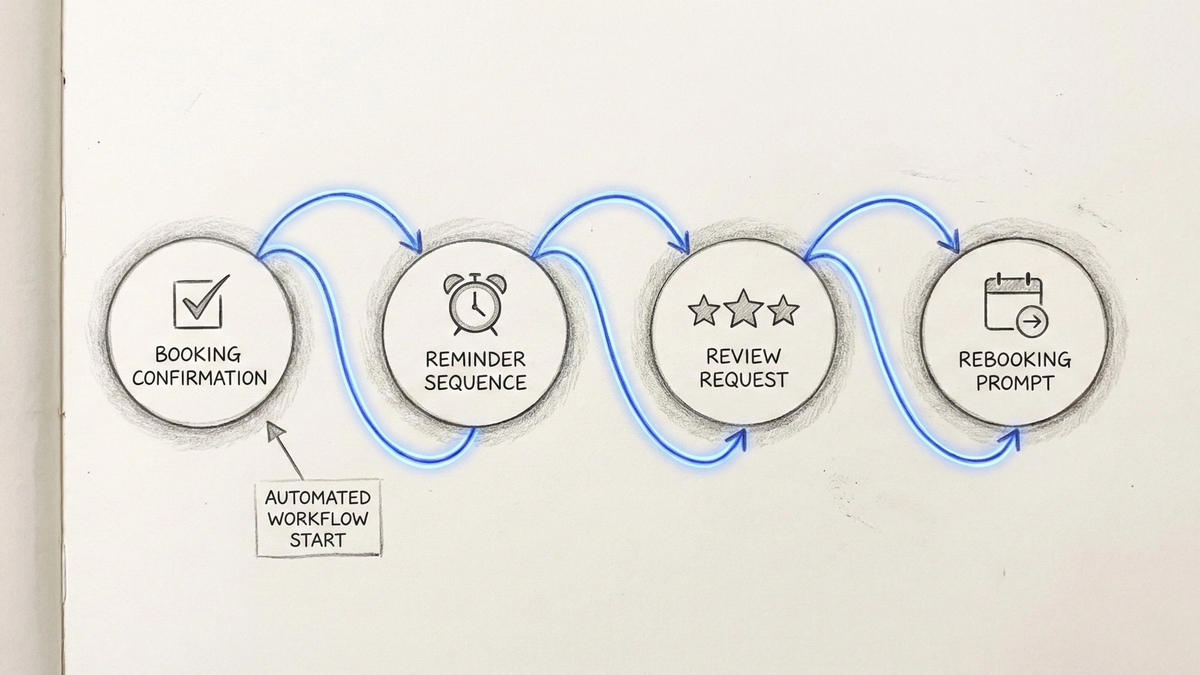 Network diagram illustrating automated salon workflow with connected glowing nodes showing the sequence from booking confirmation to reminder messages to review request to rebooking prompt