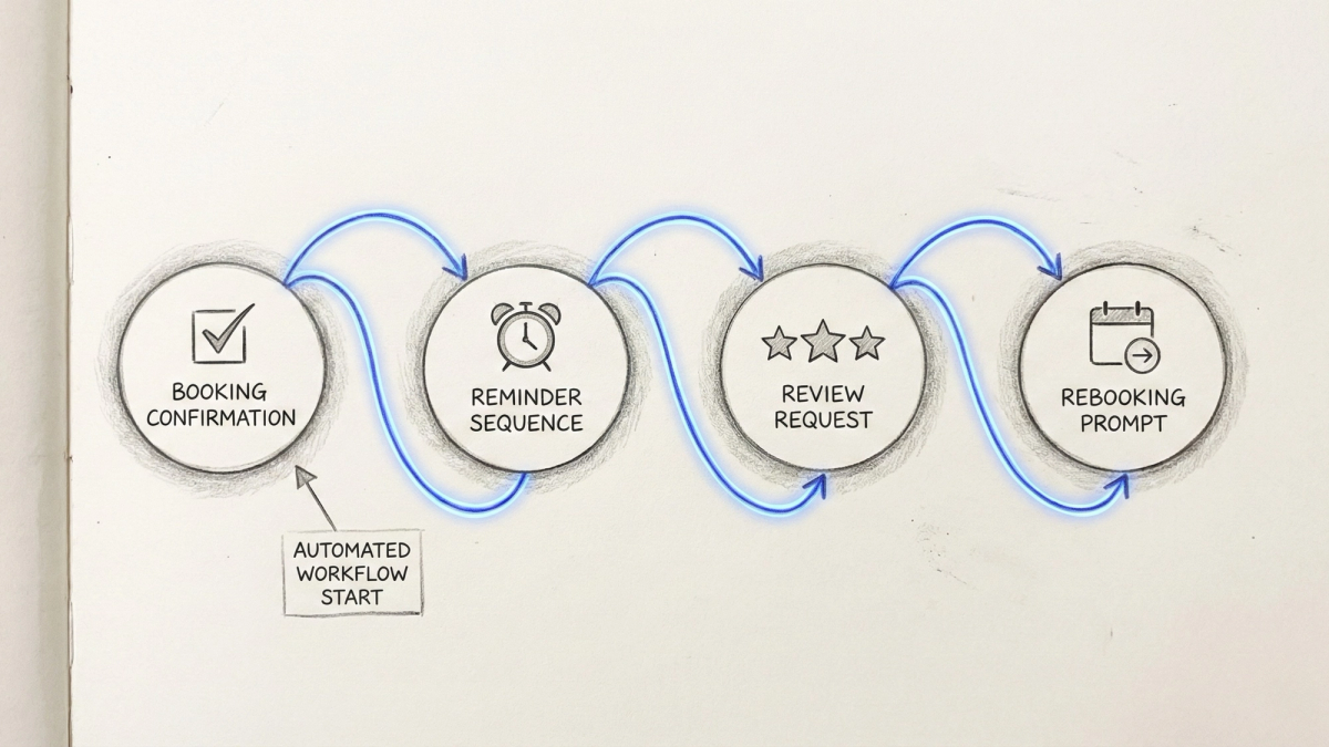 Network diagram illustrating automated salon workflow with connected glowing nodes showing the sequence from booking confirmation to reminder messages to review request to rebooking prompt
