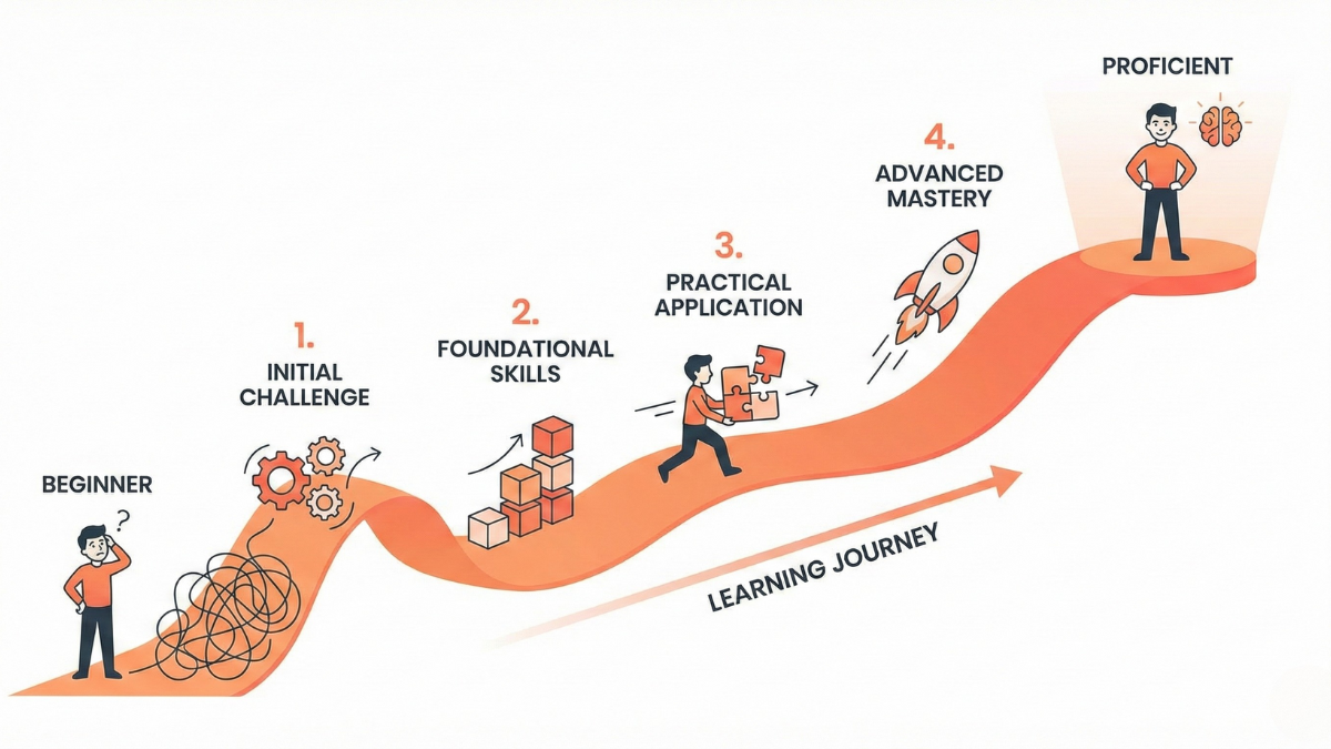 GoHighLevel learning curve illustration showing progression from beginner to proficient user