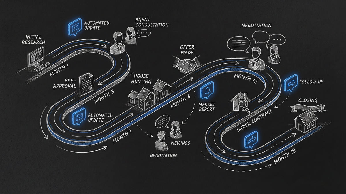 Timeline visualization of 6-18 month real estate buyer journey with automated nurturing touchpoints