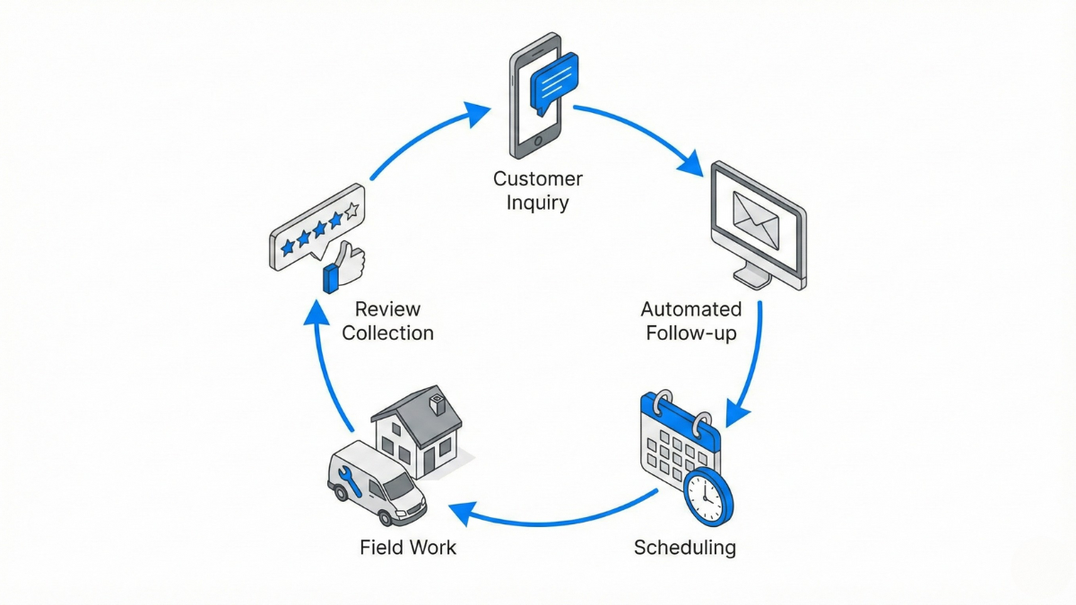 Home service CRM workflow visualization showing customer journey from inquiry to completion