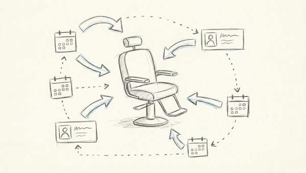 3D illustration of a modern salon chair floating in space surrounded by holographic appointment slots and client profile cards with electric blue accents on a dark gradient background