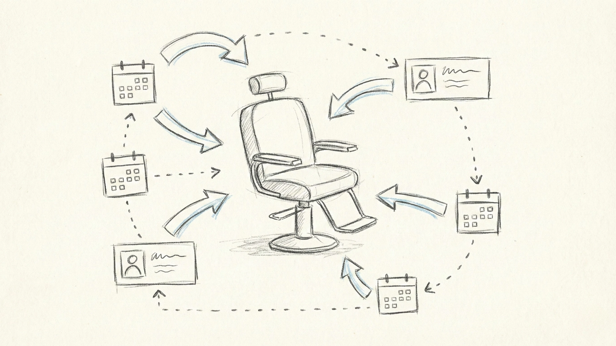 3D illustration of a modern salon chair floating in space surrounded by holographic appointment slots and client profile cards with electric blue accents on a dark gradient background