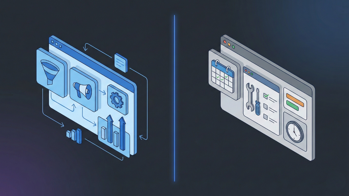 GoHighLevel vs Jobber comparison visualization showing marketing automation versus field service management dashboards