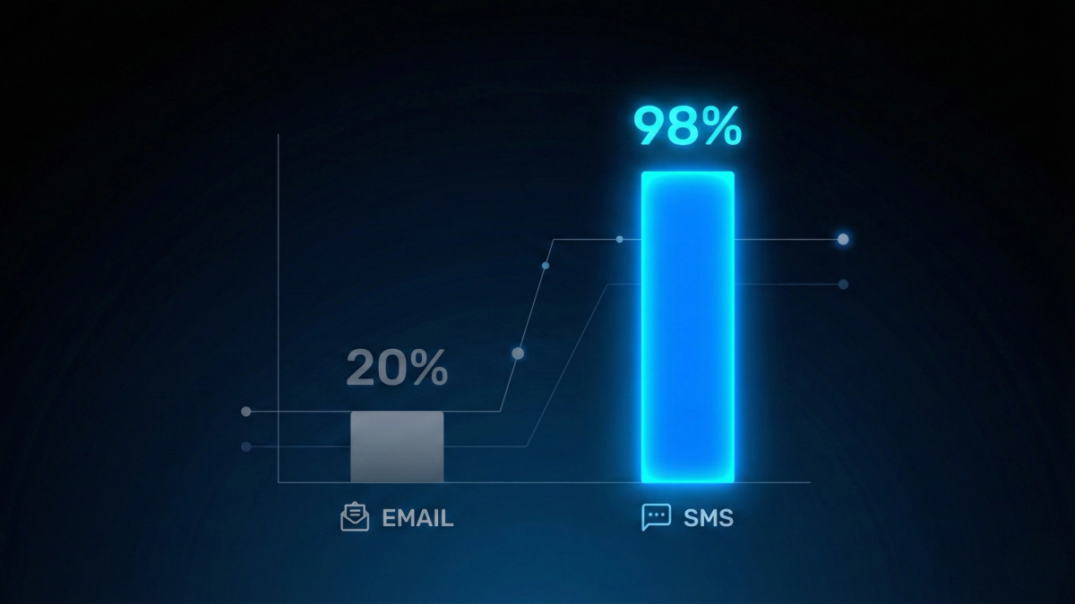 Data comparison chart showing SMS marketing achieving 98% open rates versus 20% email rates