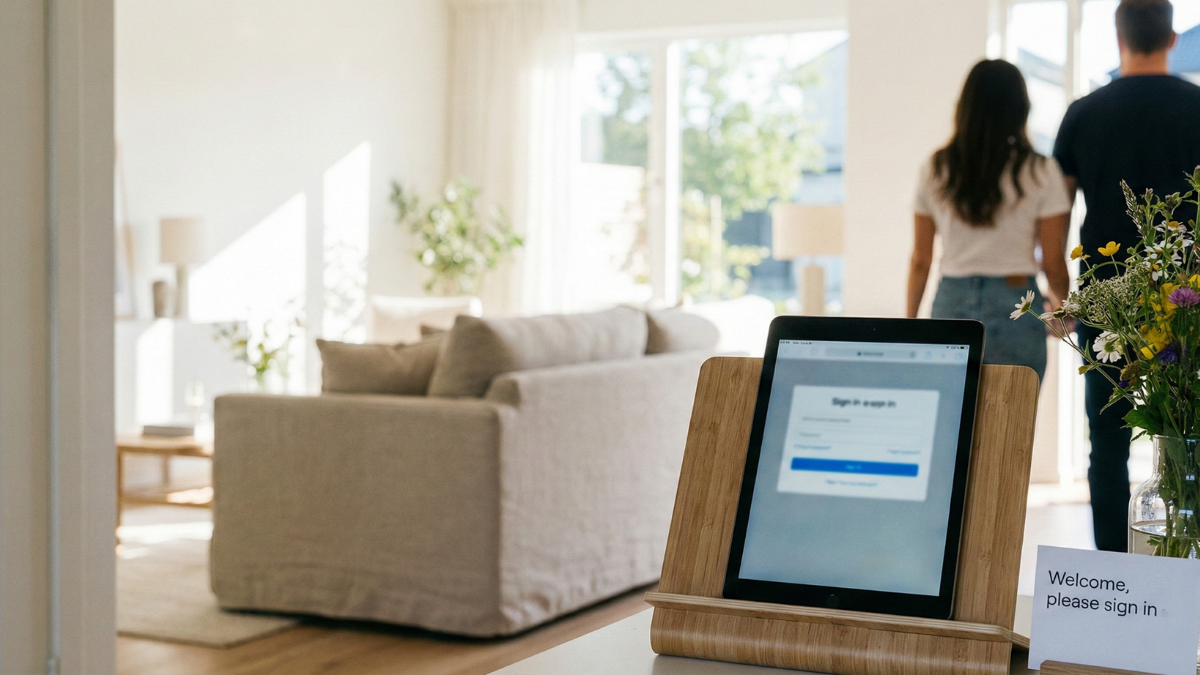 iPad showing digital sign-in form at open house with blurred visitors and house interior in background