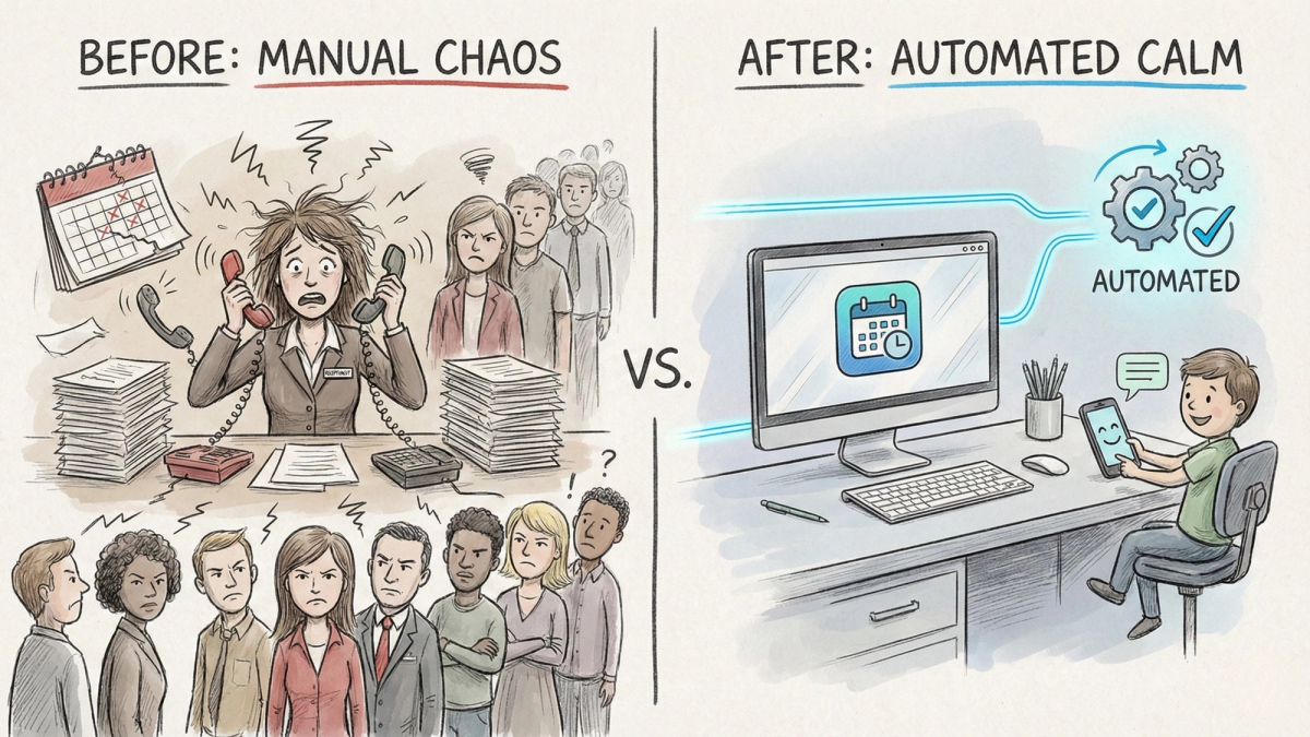 Split-screen comparison showing a stressed receptionist making phone calls on the left versus an automated system with a happy client receiving a text reminder on the right Split-screen comparison showing a stressed receptionist making phone calls on the left versus an automated system with a happy client receiving a text reminder on the right