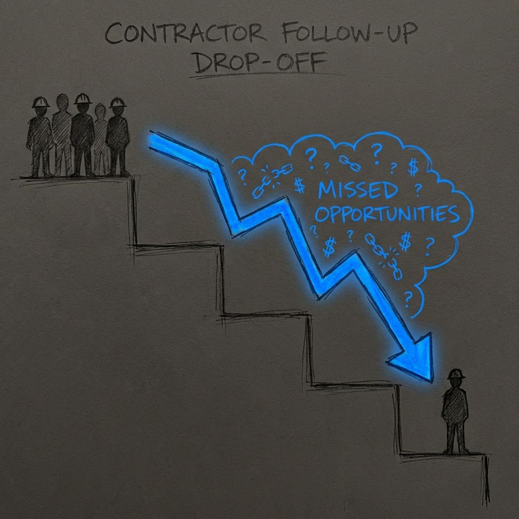 Visualization showing how most contractors stop following up after just one or two attempts while success requires five touches