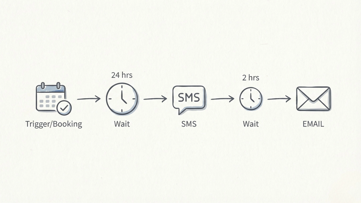 Clean workflow diagram showing automated message sequence: booking trigger, 24-hour wait, SMS reminder, 2-hour wait, then email reminder with minimal icons