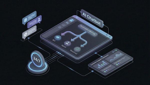 Conversational AI customer support illustration with chatbot interface and automated responses