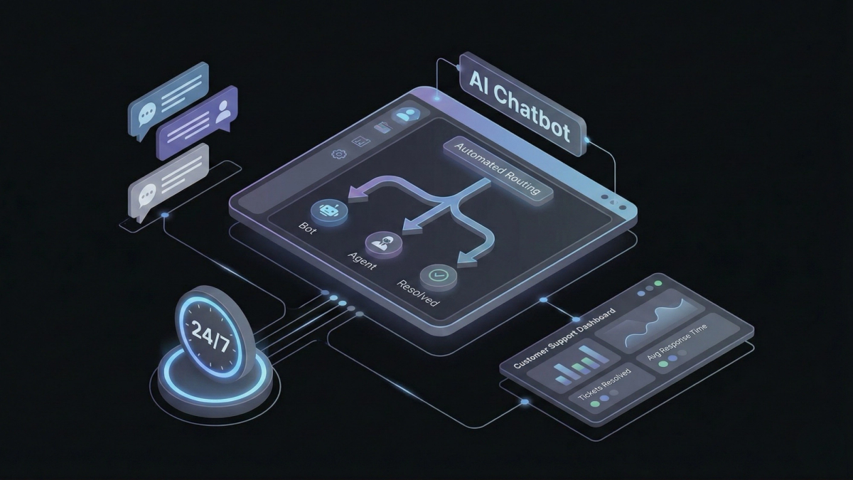 Conversational AI customer support illustration with chatbot interface and automated responses