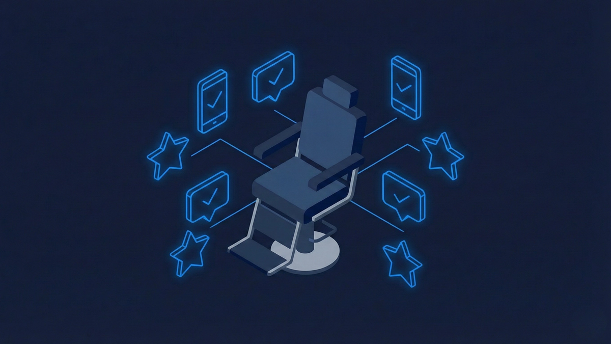 Isometric illustration of a salon chair surrounded by floating five-star review icons and smartphone notifications with bright blue glowing elements on a dark navy background