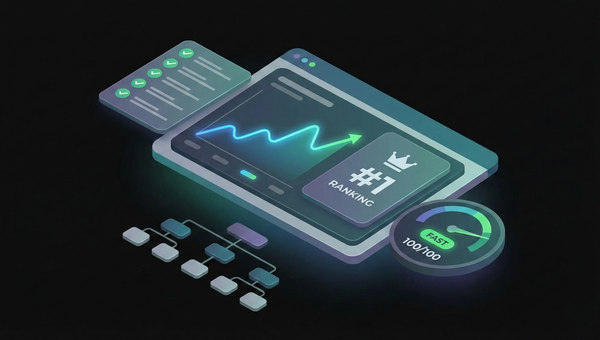 SEO audit dashboard illustration showing website metrics, rankings, and optimization checklist