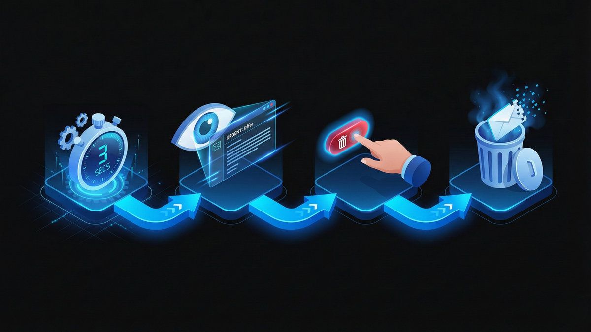 Timeline showing how prospects delete cold emails within seconds of opening them