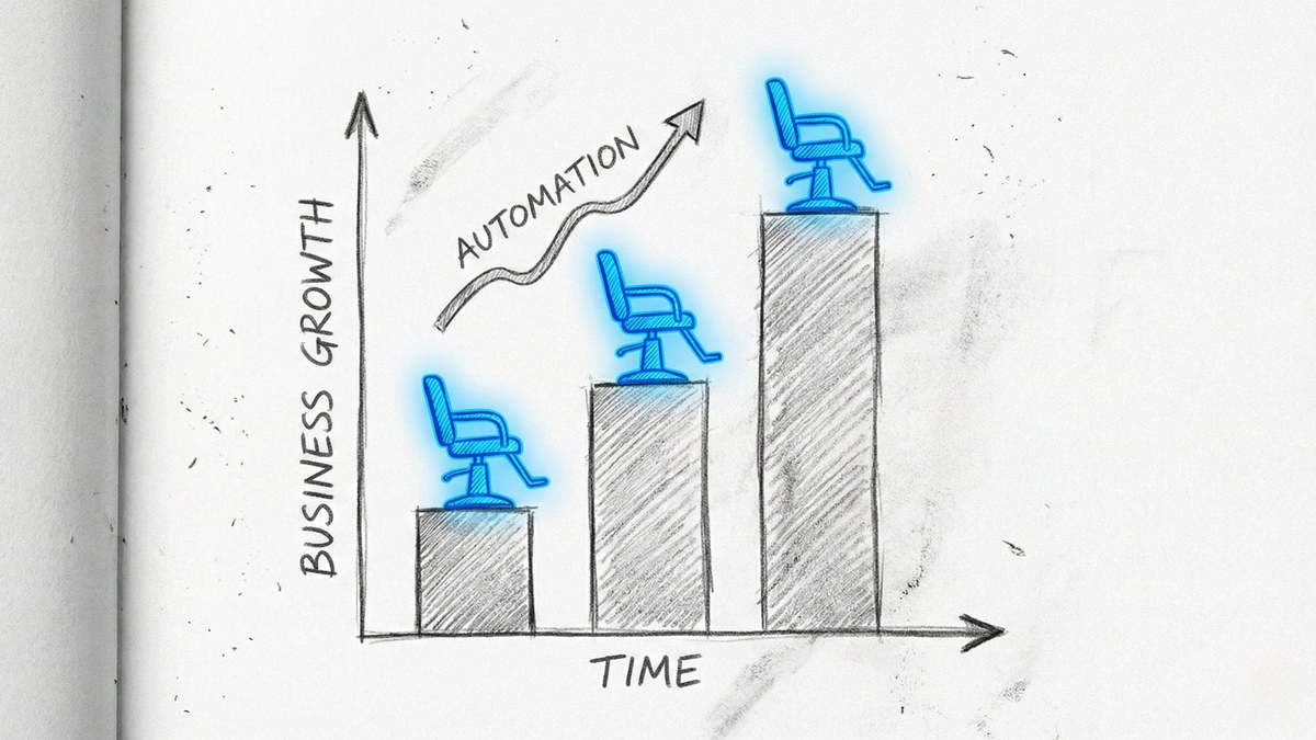 3D bar chart with ascending bars and salon chair icons representing business growth achieved through automation and streamlined operations