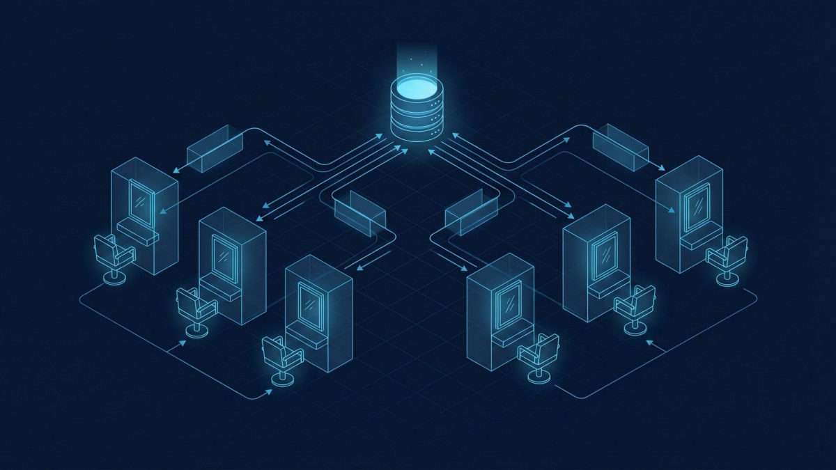 Isometric cutaway view of a sleek hair salon with glowing data streams connecting styling stations to a central digital hub, featuring wireframe aesthetic with blue neon highlights