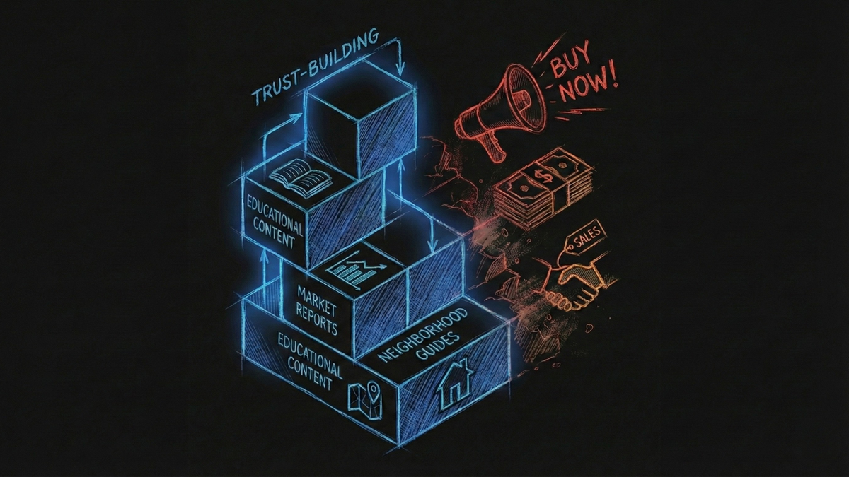 Conceptual illustration showing trust-building through educational content versus pushy sales tactics in real estate