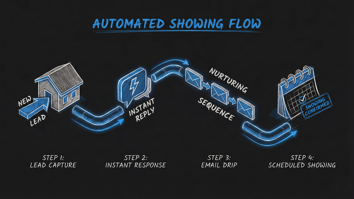Four-step automated lead nurturing process from initial capture to scheduled property showing for real estate agents