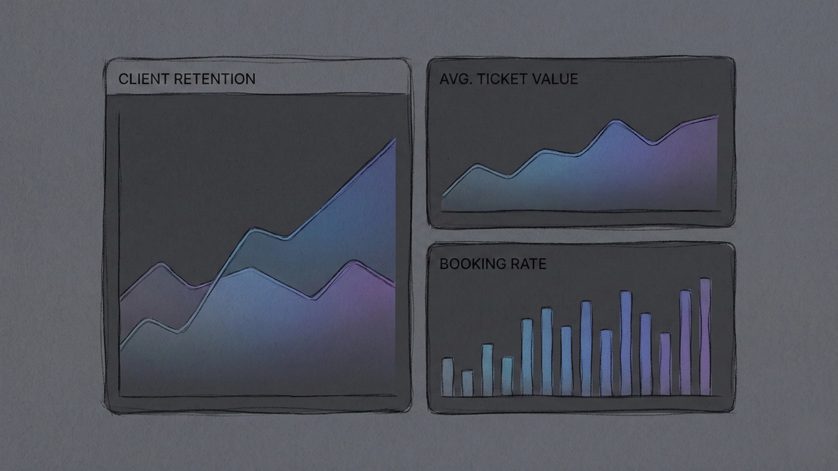 Dark-themed salon analytics dashboard mockup displaying key performance indicators including client retention rate, average ticket value, and booking rate with gradient-colored charts