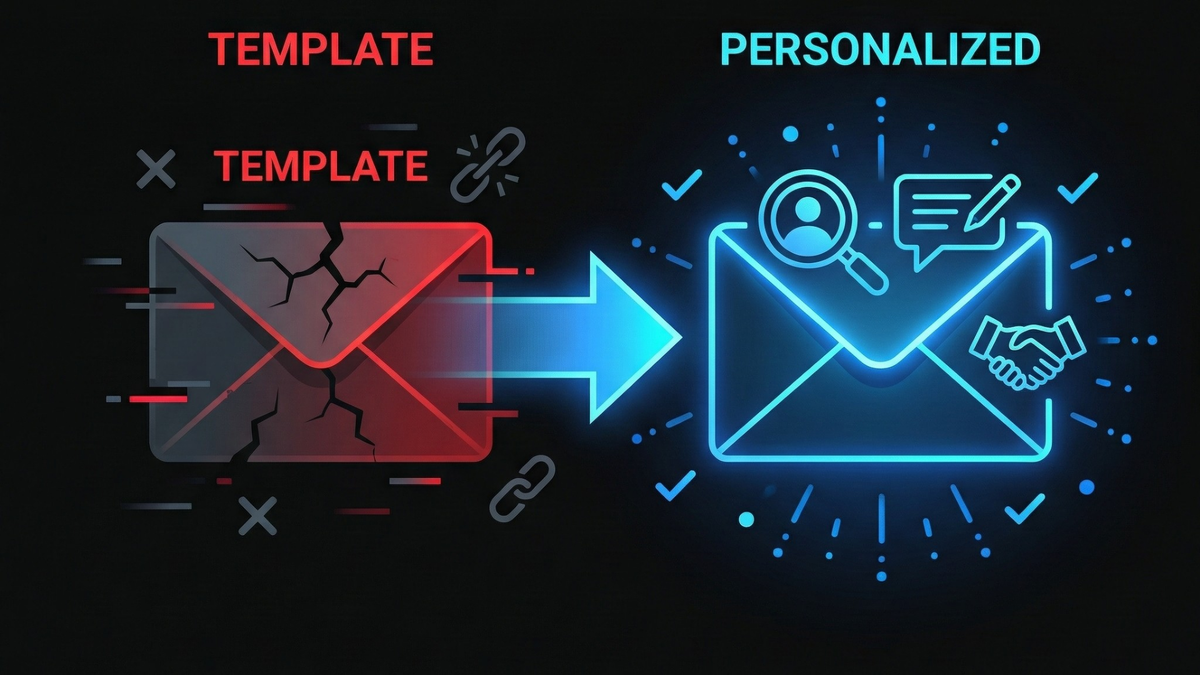 Visual comparison between generic template emails versus personalized cold email outreach