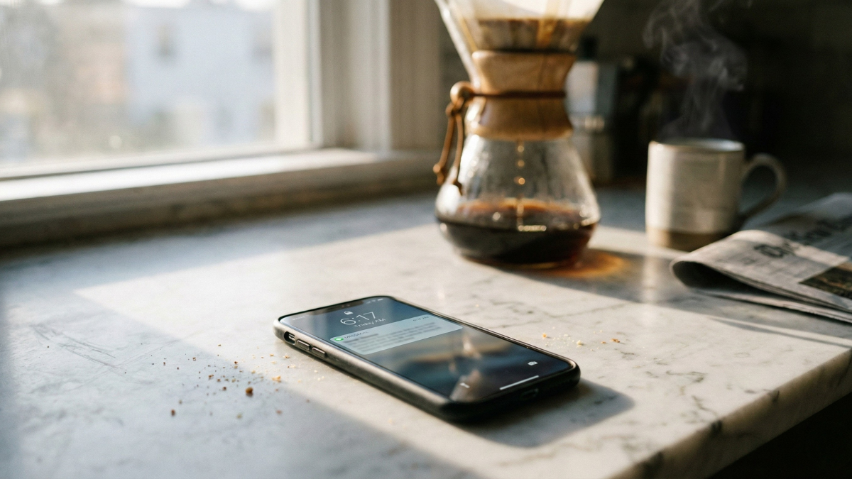 Smartphone on kitchen counter showing text message notification while morning coffee brews in background Smartphone on kitchen counter showing text message notification while morning coffee brews in background