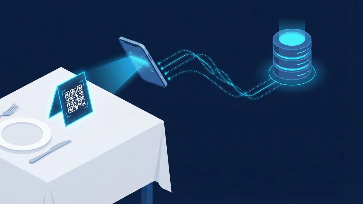 Isometric view of QR code system collecting customer data for restaurant SMS marketing database