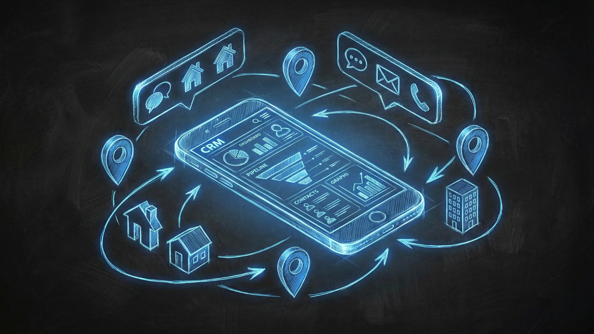 Mobile CRM interface for real estate agents showing property management and communication tools on smartphone