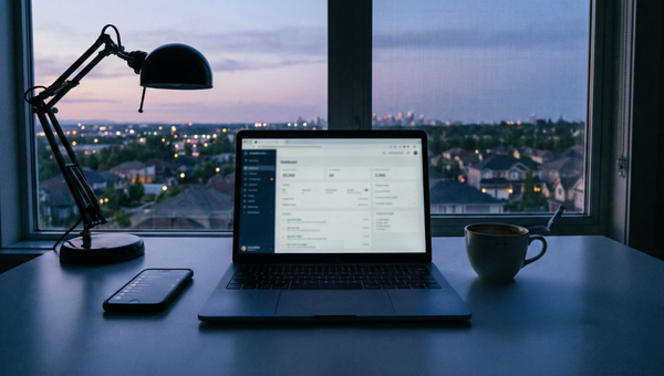 Real estate agent's workspace at night with laptop showing CRM dashboard, phone with notifications, and coffee cup on modern desk