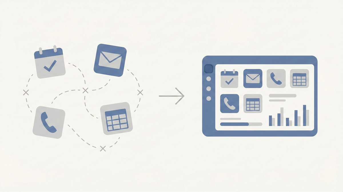 Before and after comparison showing disconnected restaurant tools vs unified GoHighLevel platform with scattered app icons transforming into a single dashboard