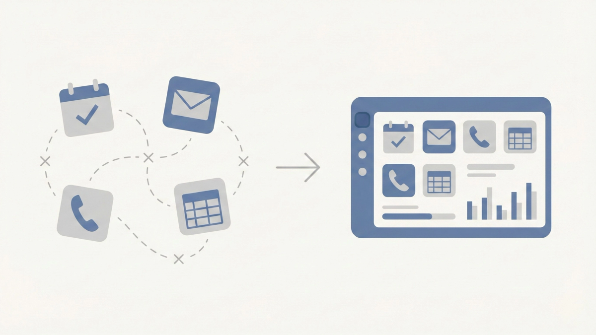 Before and after comparison showing disconnected restaurant tools vs unified GoHighLevel platform with scattered app icons transforming into a single dashboard
