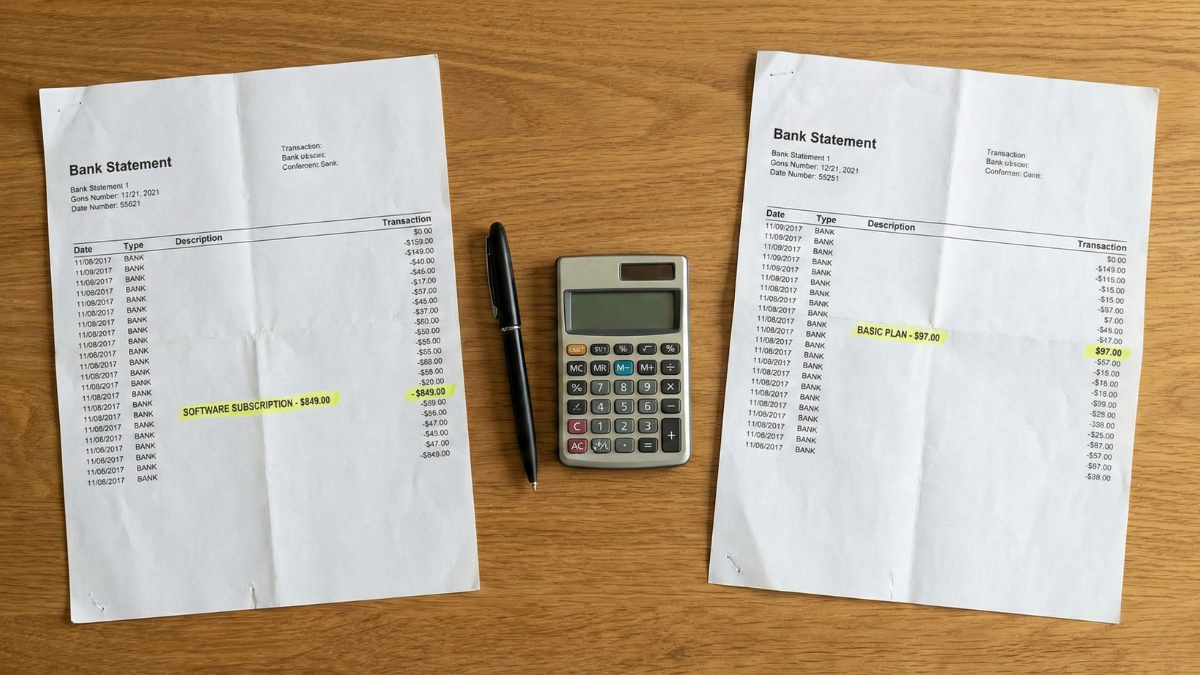 Two credit card statements on desk, one showing high monthly charge and one showing much lower charge Two credit card statements on desk, one showing high monthly charge and one showing much lower charge