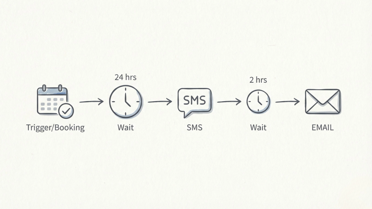 Clean workflow diagram showing automated message sequence: booking trigger, 24-hour wait, SMS reminder, 2-hour wait, then email reminder with minimal icons