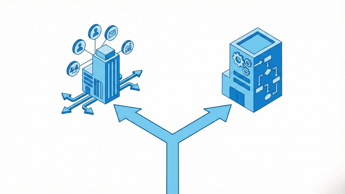 Branching path illustration showing different business models for GoHighLevel vs Keap users