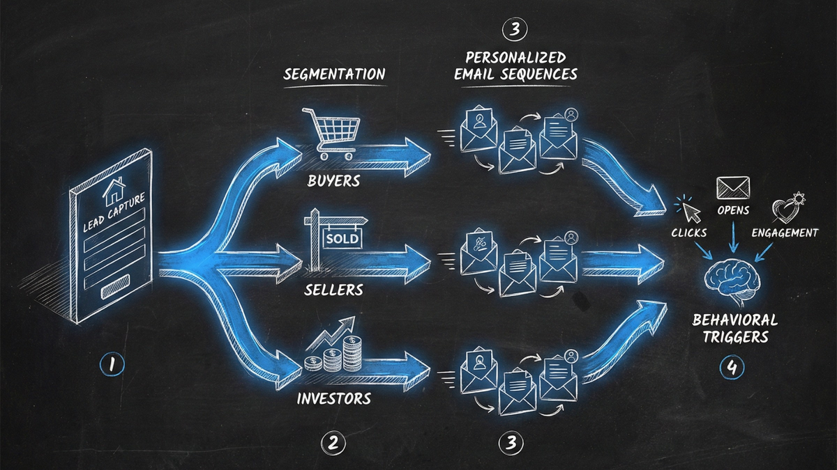 Four-step real estate lead nurturing automation workflow from capture to personalized sequences