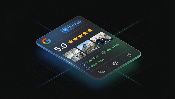 Google Business Profile optimization illustration showing complete verified listing with reviews