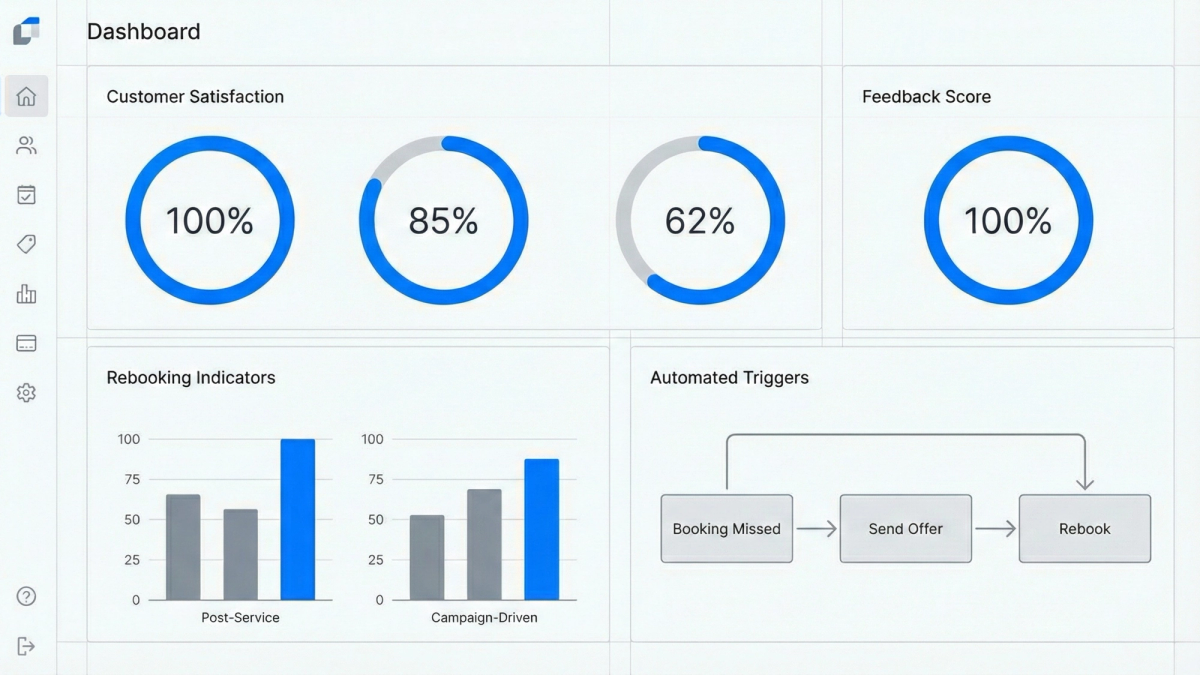 Sophisticated dashboard interface displaying salon customer behavior analytics with satisfaction meters, rebooking indicators, and automated triggers in a clean UI design with blue accents