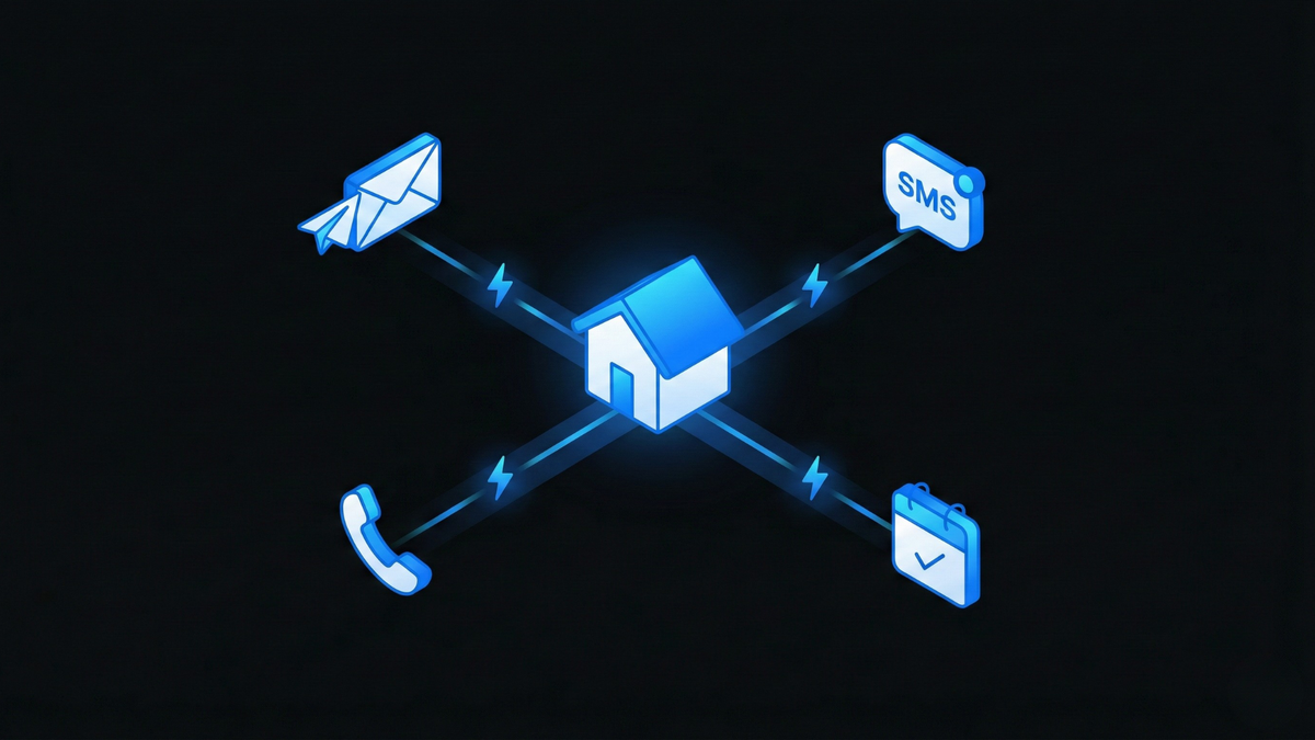 Real estate CRM automation showing multi-channel communication flow from property inquiry to follow-up