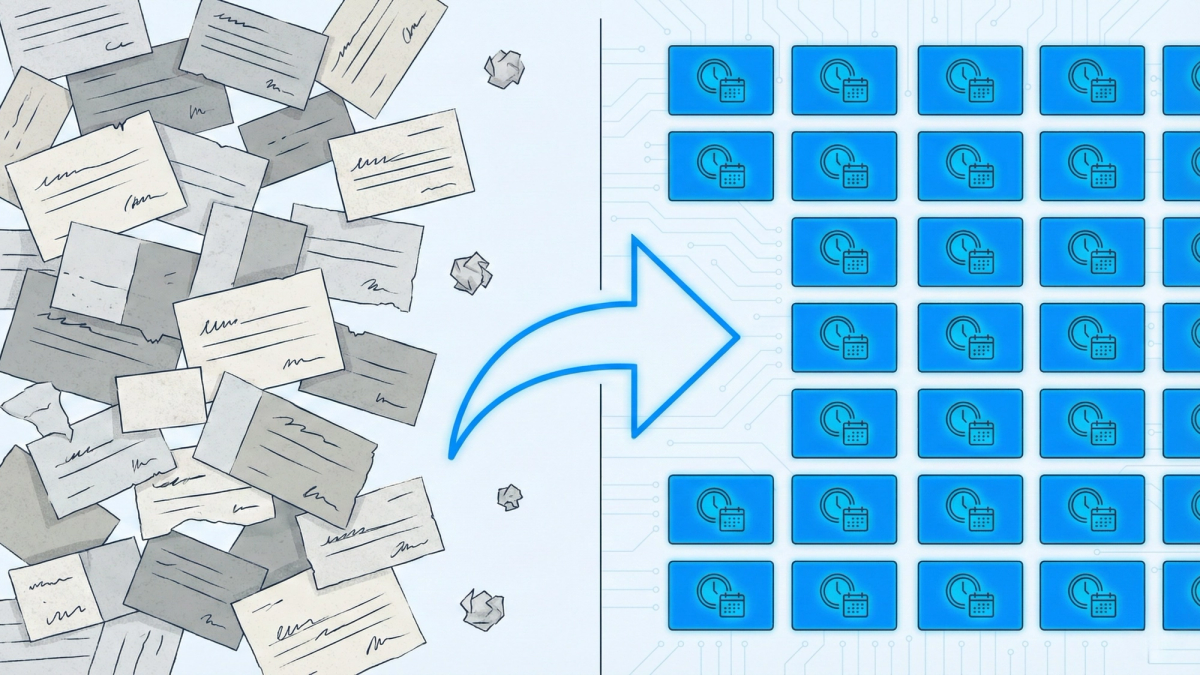 Split-screen abstract composition showing chaotic scattered appointment cards on the left transforming into an organized digital grid system on the right with clean blue interface elements