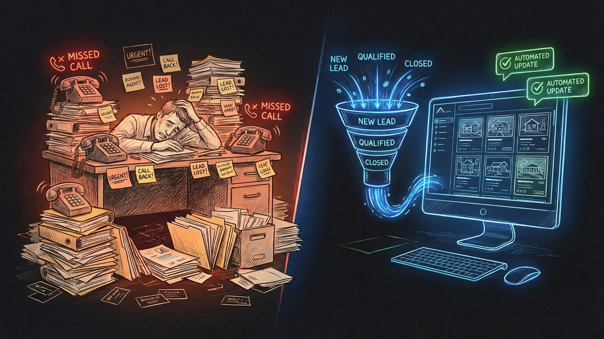 Before and after showing chaotic manual real estate lead management transformed into organized automated CRM system