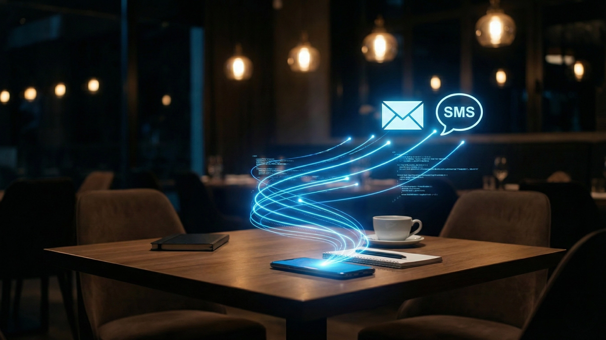 3D visualization of automated restaurant marketing workflows with flowing data streams connecting tables to mobile phones, email icons, and SMS bubbles