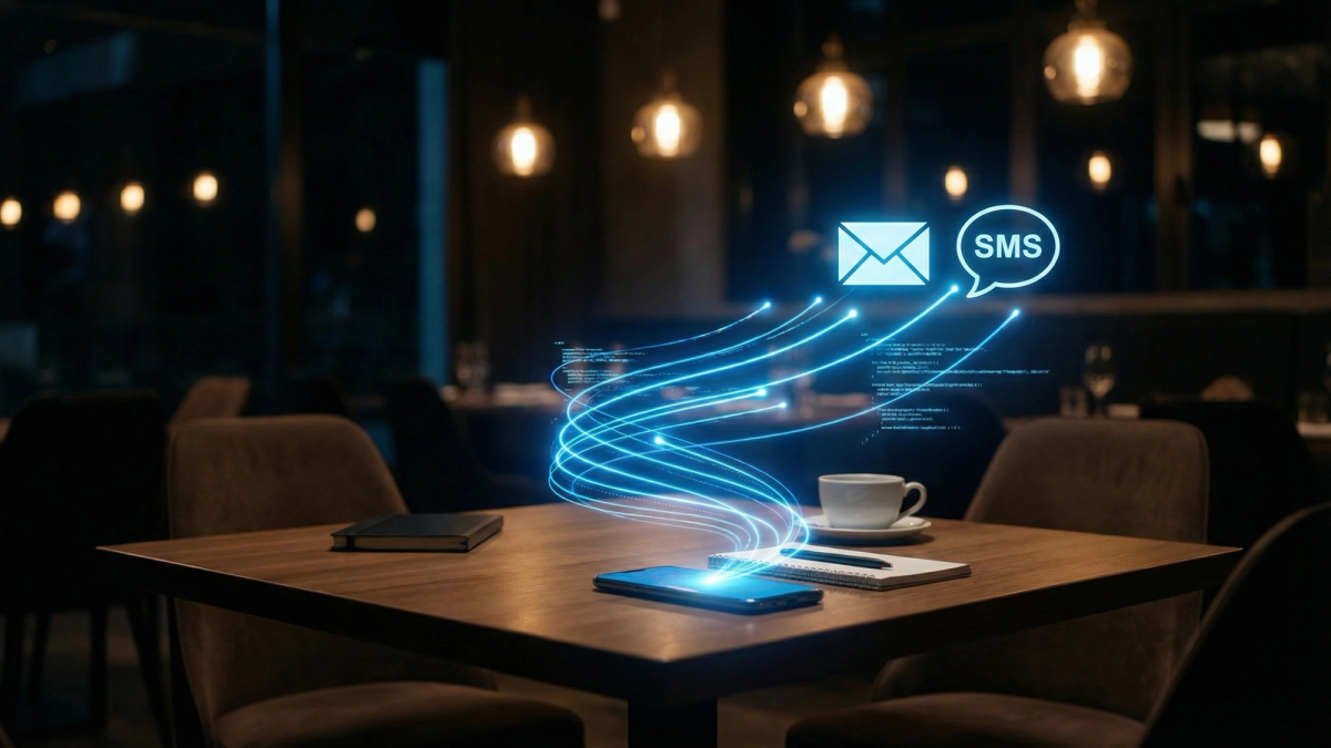 3D visualization of automated restaurant marketing workflows with flowing data streams connecting tables to mobile phones, email icons, and SMS bubbles