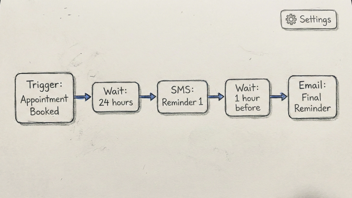 GoHighLevel workflow builder interface showing connected nodes that create an automated appointment reminder sequence GoHighLevel workflow builder interface showing connected nodes that create an automated appointment reminder sequence