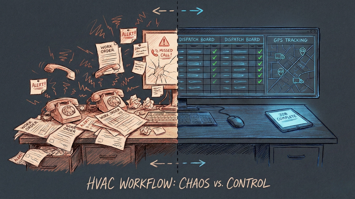 Before and after comparison showing chaotic manual HVAC operations transformed into organized automated CRM system