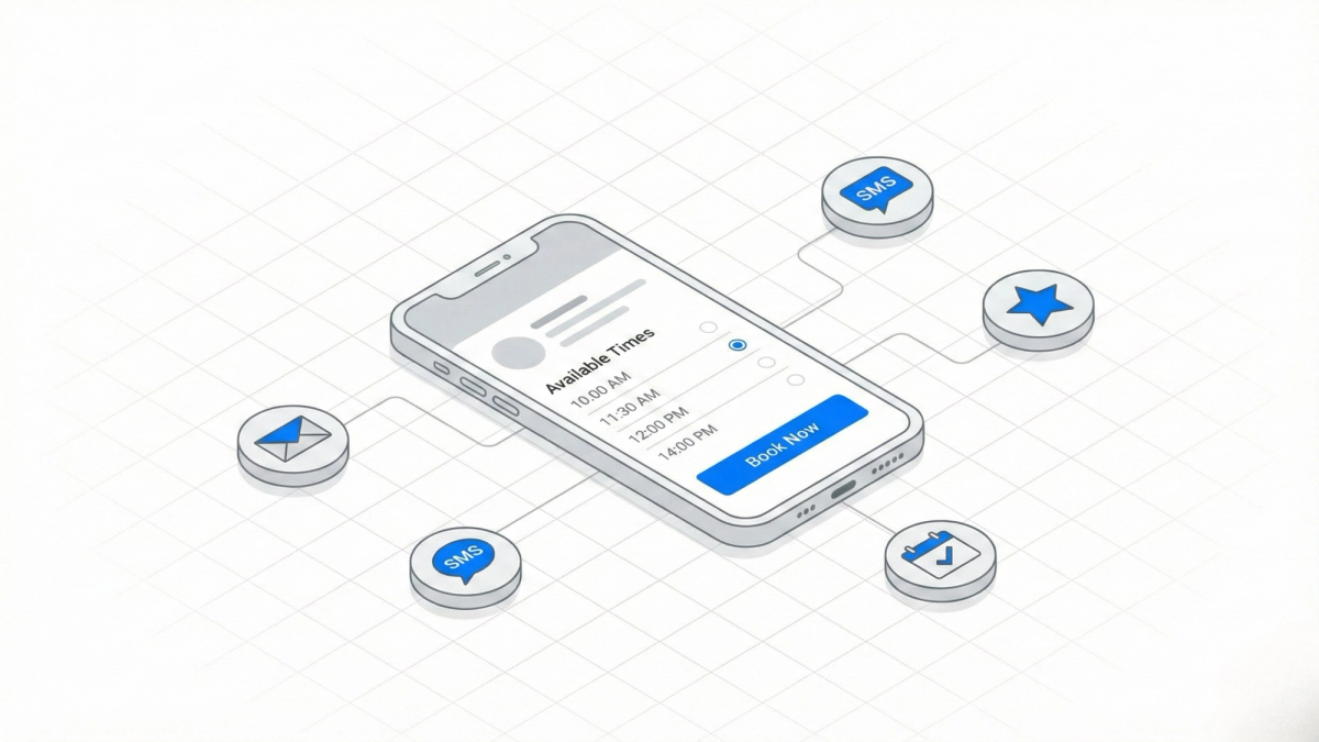 Mobile-first restaurant booking system with isometric smartphone showing reservation interface surrounded by floating SMS, email, reviews, and calendar icons