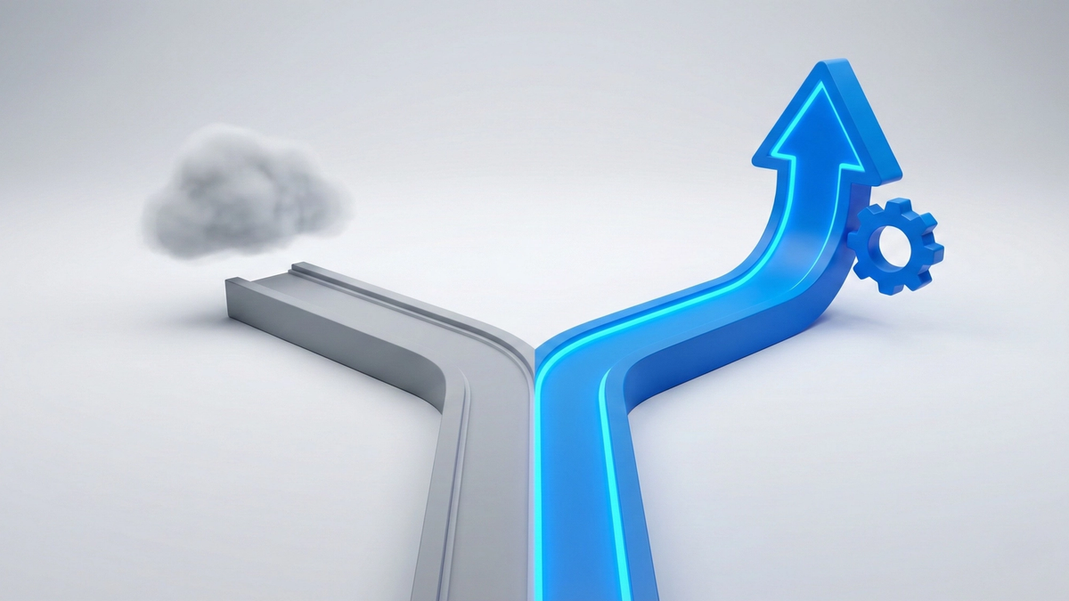 Abstract visualization of business decision pathway between two CRM platforms