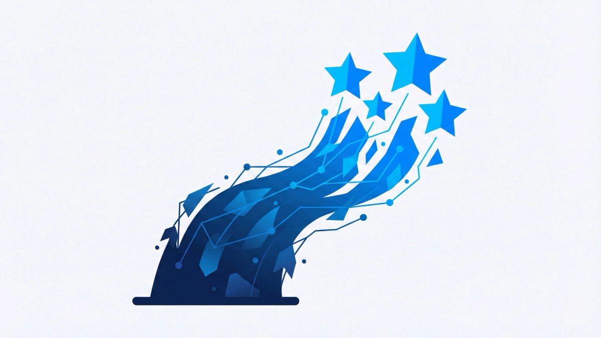 Stylized illustration of customer satisfaction signals transforming into review stars with flowing upward motion and abstract geometric data points in electric blue gradient Stylized illustration of customer satisfaction signals transforming into review stars with flowing upward motion and abstract geometric data points in electric blue gradient
