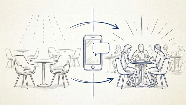 Restaurant SMS marketing concept showing empty tables transforming into full dining room through text campaigns
