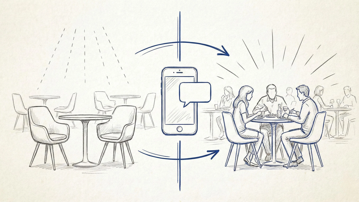 Restaurant SMS marketing concept showing empty tables transforming into full dining room through text campaigns
