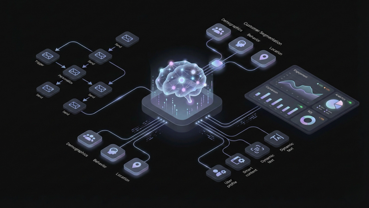 AI marketing automation illustration showing neural network, customer segments, and campaign analytics