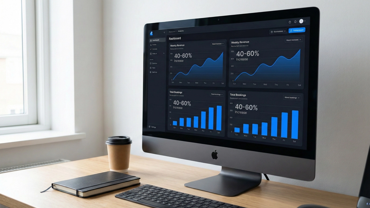 Dashboard showing 40-60% increase in restaurant bookings through GoHighLevel automation with upward trending graphs and blue accent colors
